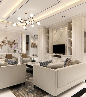 A bright living room with a pale sofa and a sculptural ceiling light